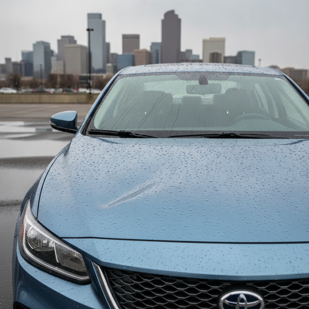 Should You File a Hail Claim or Pay Out of Pocket? A Denver Deductible Decision Guide Hail-damaged car roof and hood with dents, Denver cityscape background