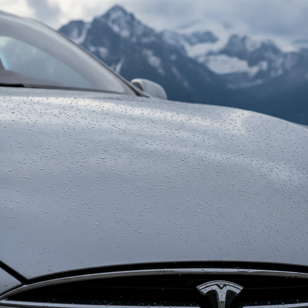 Tesla, Rivian, and EV Hail Dents in Denver: What Owners Should Know Before Booking Repair Hail-damaged Tesla roof showing dent pattern against overcast Colorado sky